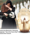 Cremation urn featuring Jesus design for storing adult male ashes