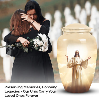 Cremation urn featuring Jesus design for storing adult male ashes