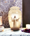 Cremation urn featuring Jesus design for storing adult male ashes