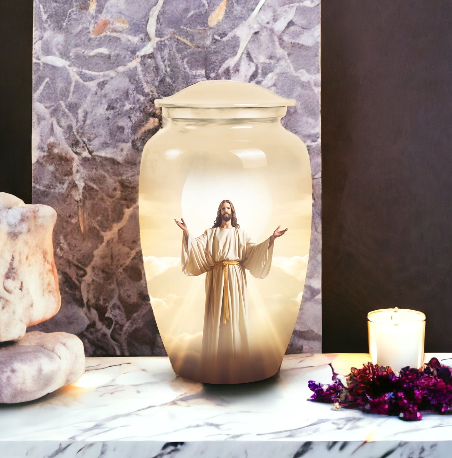 Cremation urn featuring Jesus design for storing adult male ashes