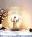 Cremation urn featuring Jesus design for storing adult male ashes