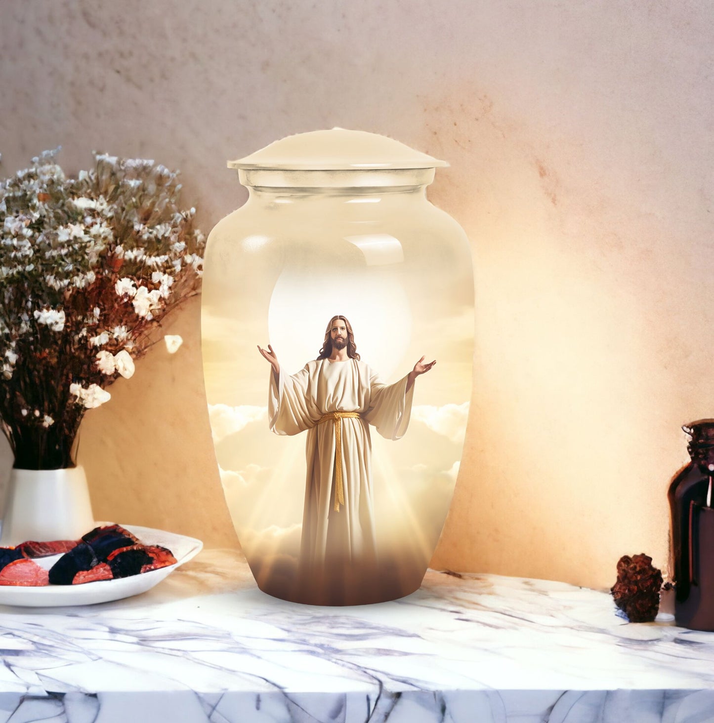 Cremation urn featuring Jesus design for storing adult male ashes
