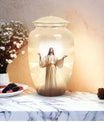 Cremation urn featuring Jesus design for storing adult male ashes