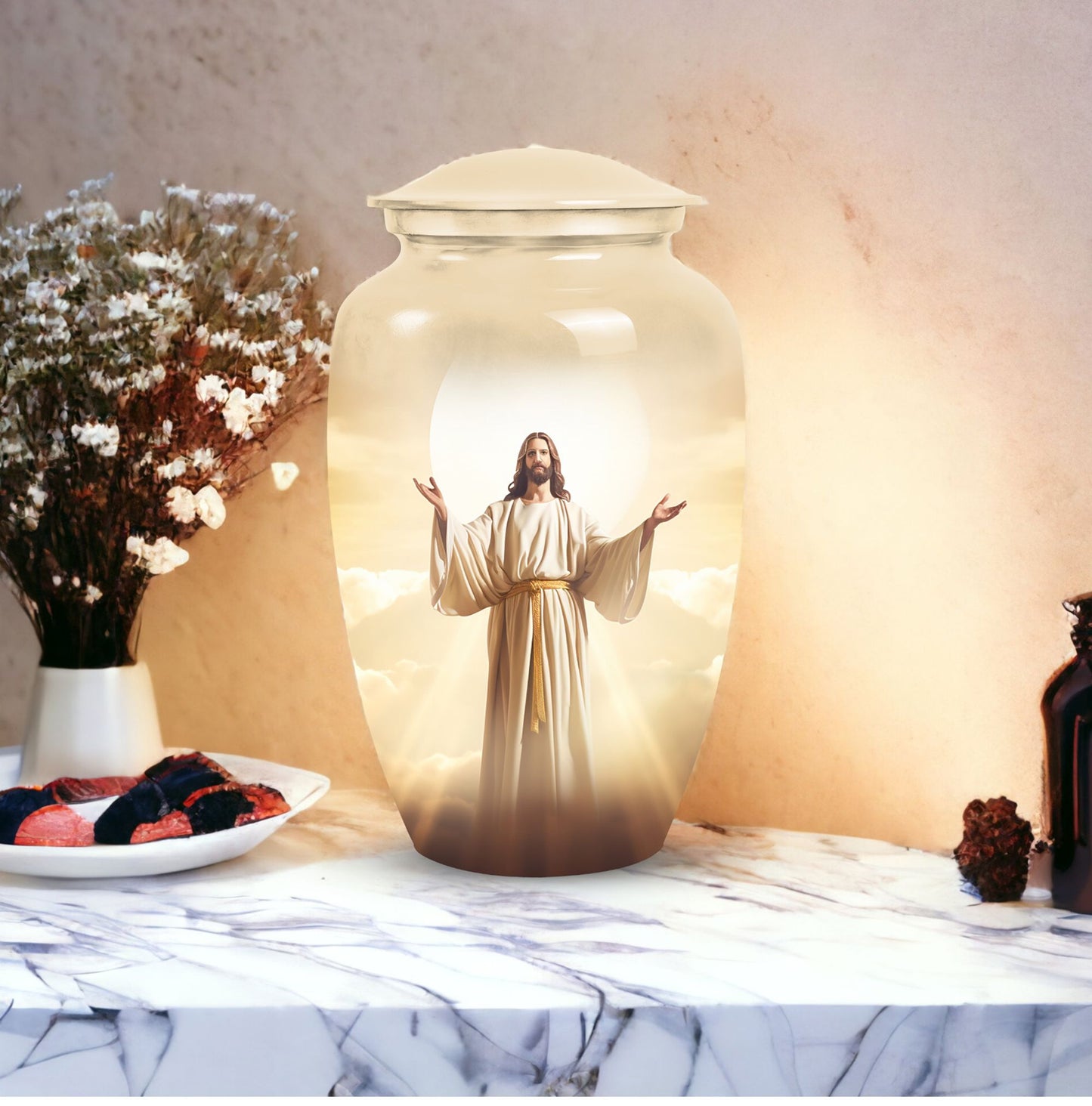 Cremation urn featuring Jesus design for storing adult male ashes