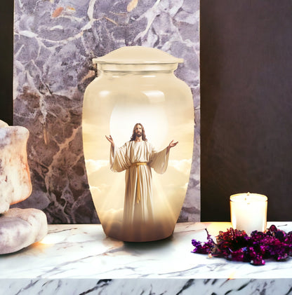 Cremation urn featuring Jesus design for storing adult male ashes