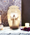 Cremation urn featuring Jesus design for storing adult male ashes