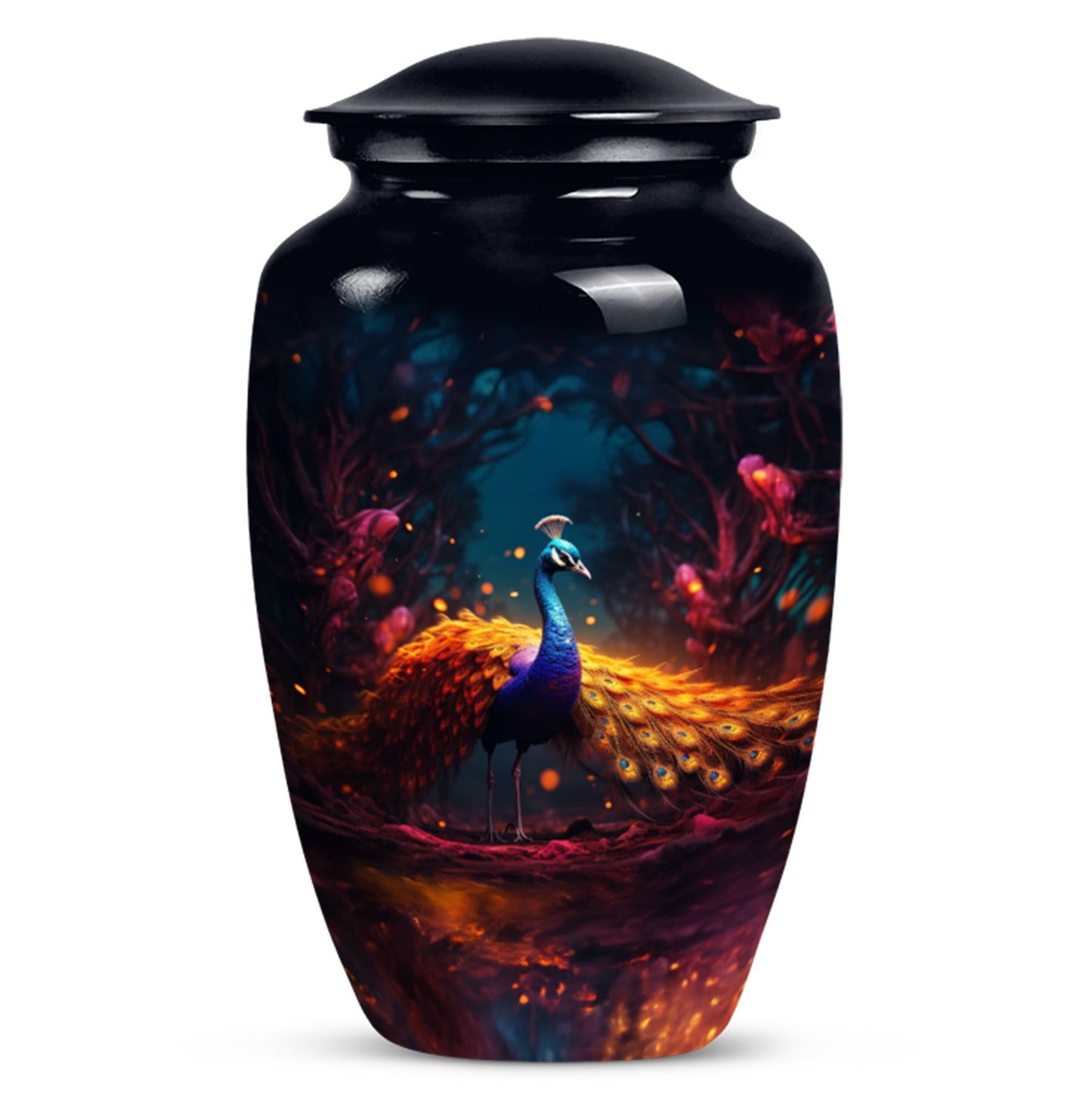 Peacock-themed urn for adult male human ashes, suitable for burial and cremation