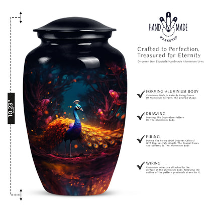 Peacock-themed urn for adult male human ashes, suitable for burial and cremation