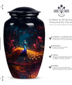 Peacock-themed urn for adult male human ashes, suitable for burial and cremation
