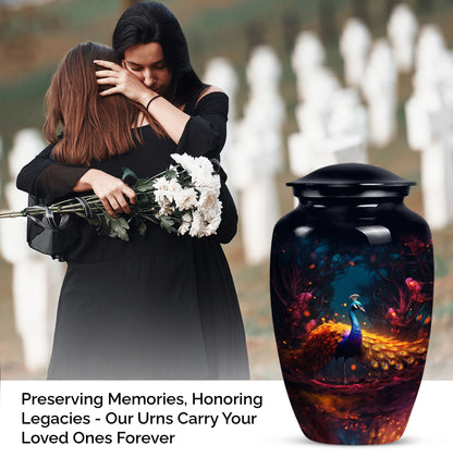 Peacock-themed urn for adult male human ashes, suitable for burial and cremation