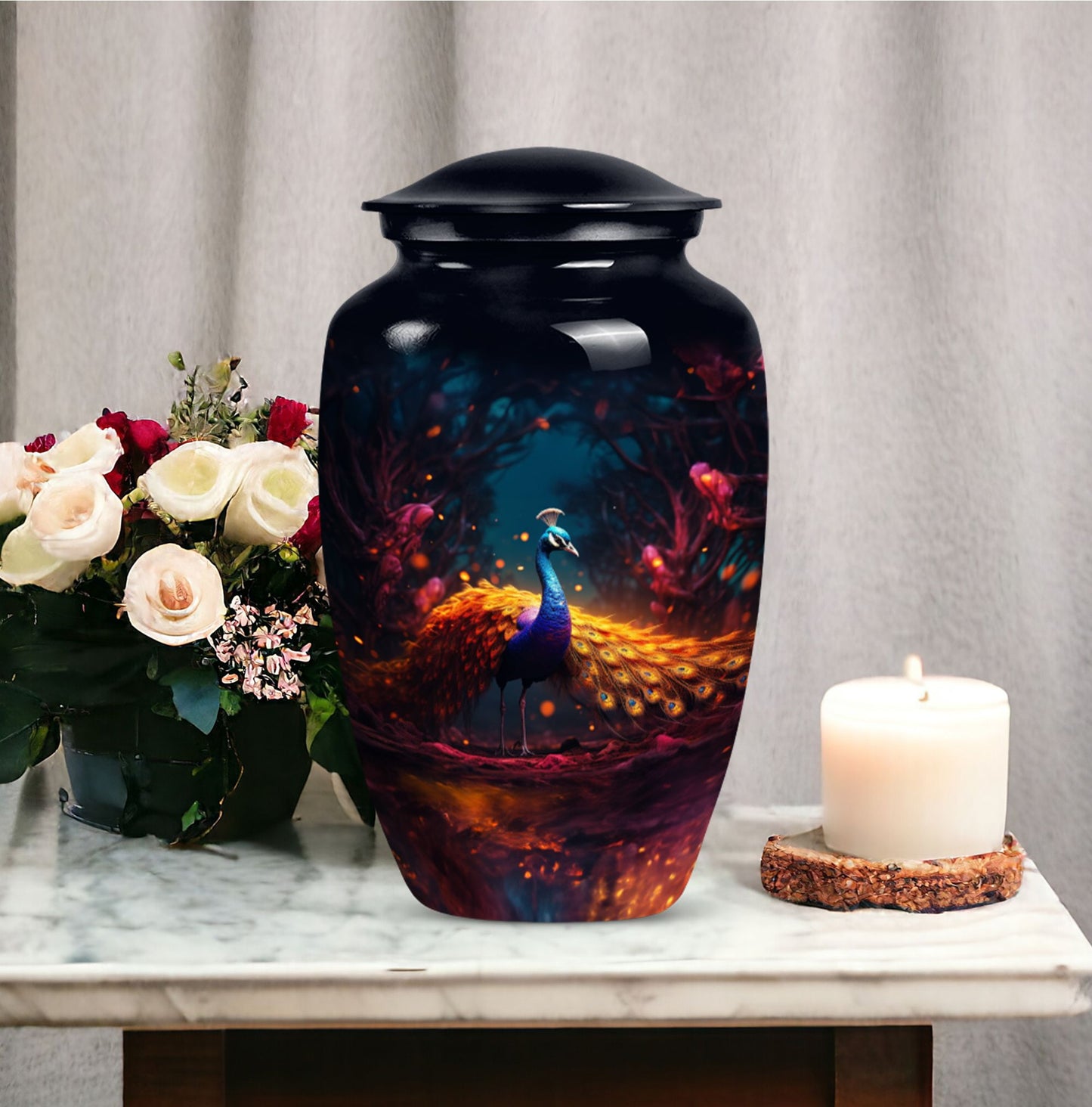 Peacock-themed urn for adult male human ashes, suitable for burial and cremation