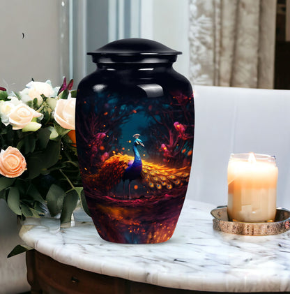 Peacock-themed urn for adult male human ashes, suitable for burial and cremation