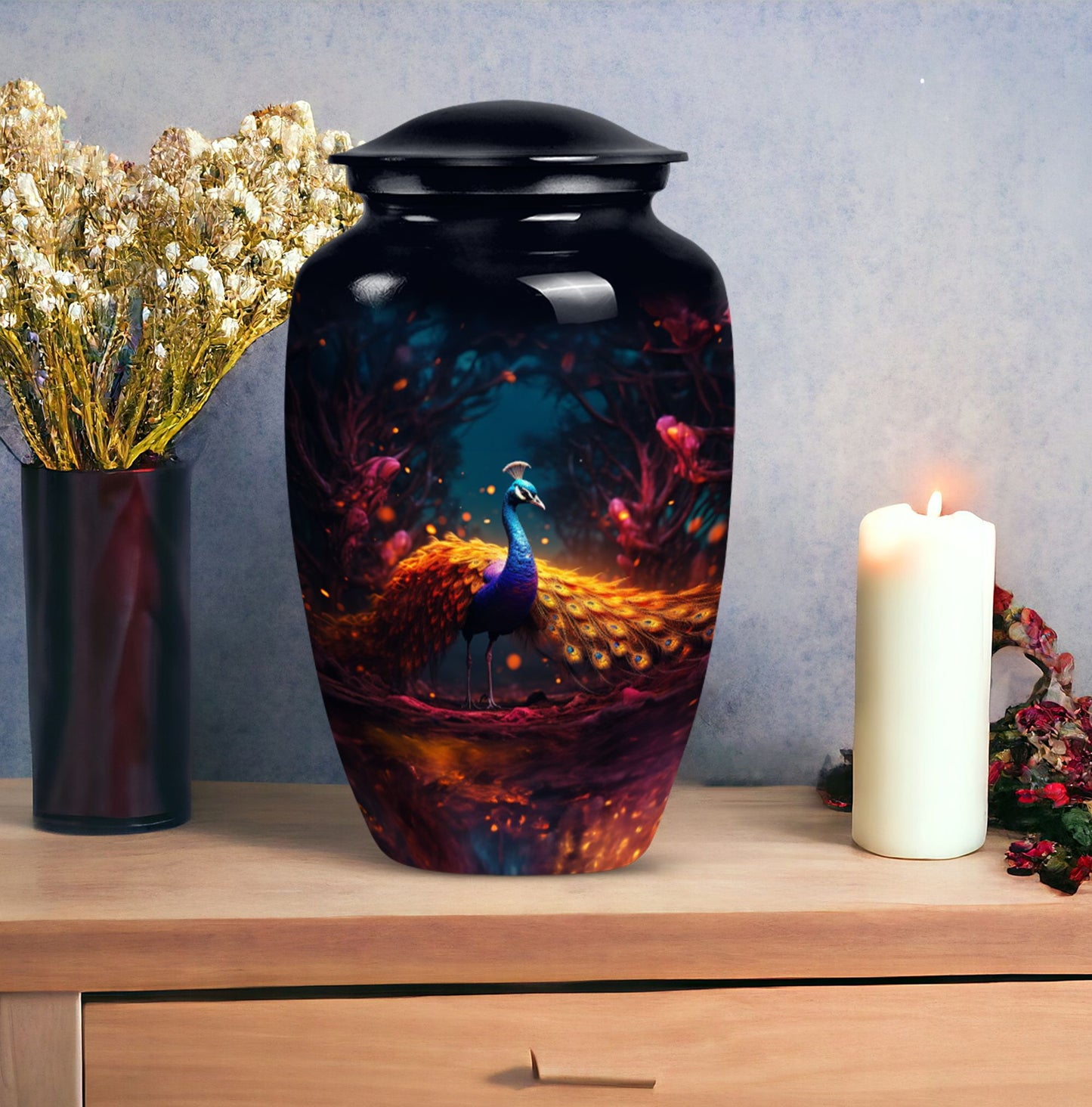 Peacock-themed urn for adult male human ashes, suitable for burial and cremation