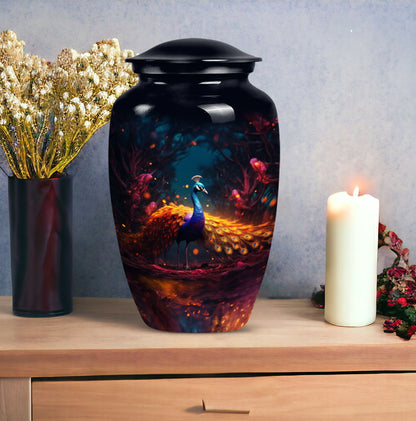 Peacock-themed urn for adult male human ashes, suitable for burial and cremation