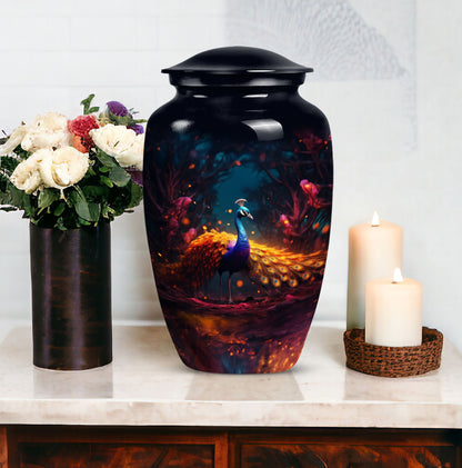 Peacock-themed urn for adult male human ashes, suitable for burial and cremation