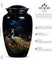 Image of a beautifully designed Peacock urn for storing ashes of adult female, suitable for cremation purposes.