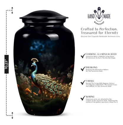 Image of a beautifully designed Peacock urn for storing ashes of adult female, suitable for cremation purposes.