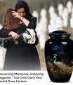 Image of a beautifully designed Peacock urn for storing ashes of adult female, suitable for cremation purposes.