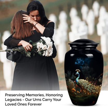 Image of a beautifully designed Peacock urn for storing ashes of adult female, suitable for cremation purposes.
