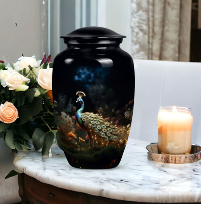 Image of a beautifully designed Peacock urn for storing ashes of adult female, suitable for cremation purposes.