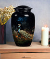 Image of a beautifully designed Peacock urn for storing ashes of adult female, suitable for cremation purposes.
