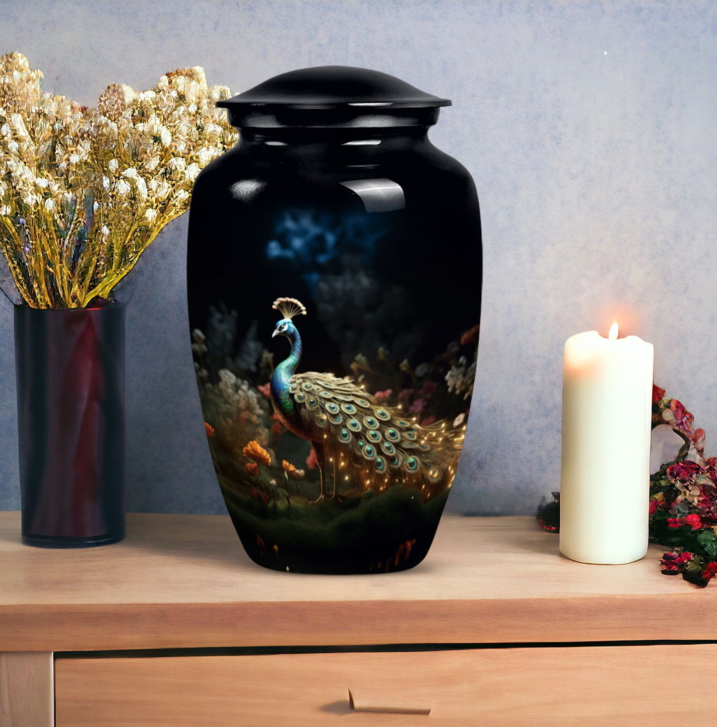 Image of a beautifully designed Peacock urn for storing ashes of adult female, suitable for cremation purposes.