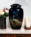 Image of a beautifully designed Peacock urn for storing ashes of adult female, suitable for cremation purposes.