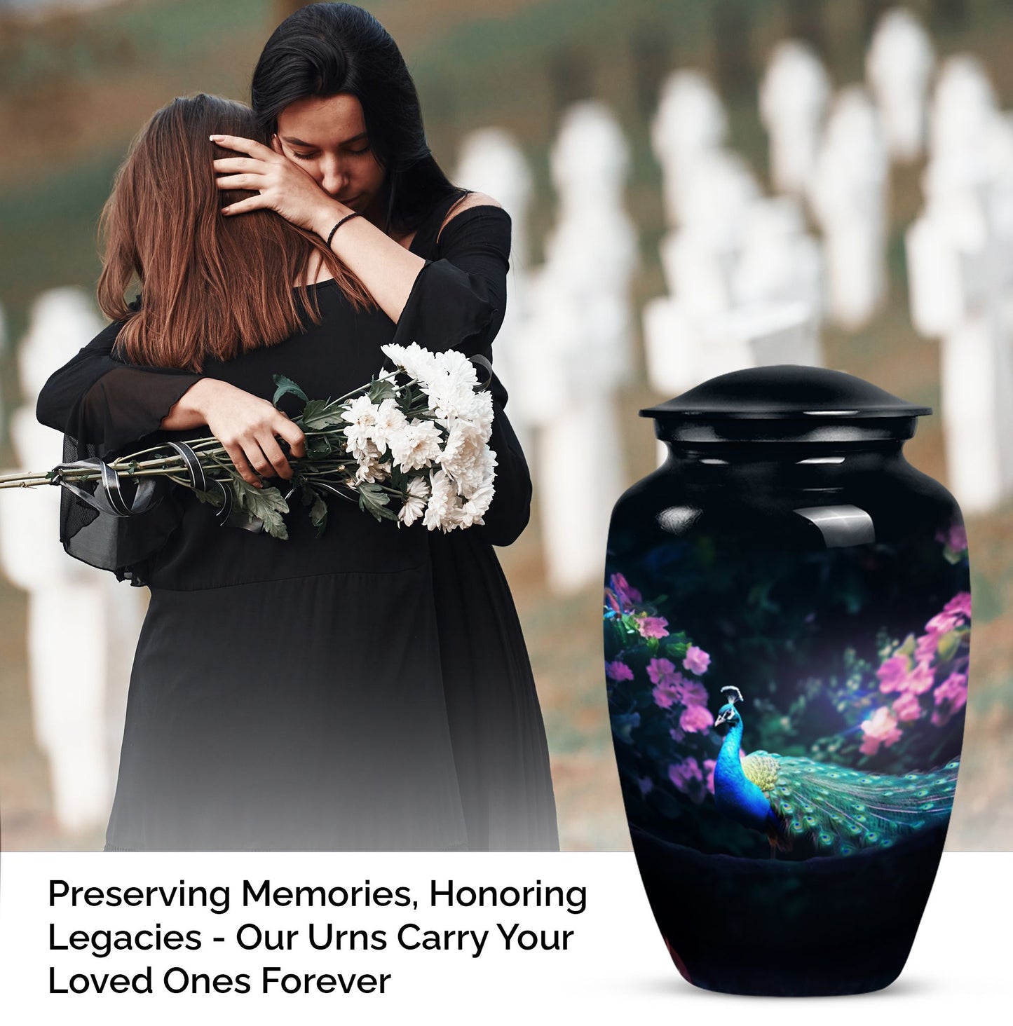 Elegant Peacock-themed cremation urn for adult, suitable for preserving ashes of mother or father