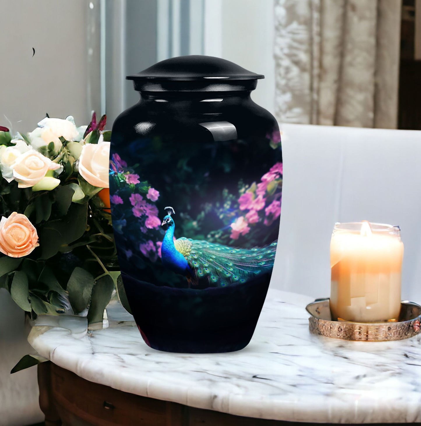 Elegant Peacock-themed cremation urn for adult, suitable for preserving ashes of mother or father