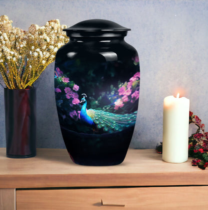 Elegant Peacock-themed cremation urn for adult, suitable for preserving ashes of mother or father