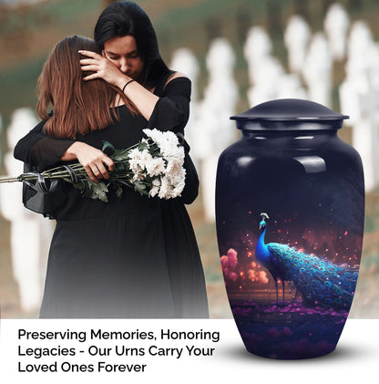 Elegant peacock-patterned urn designed for preserving the ashes of adult females and males