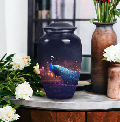 Elegant peacock-patterned urn designed for preserving the ashes of adult females and males