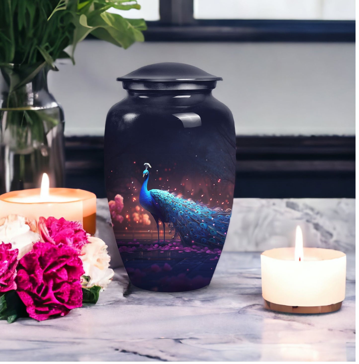 Elegant peacock-patterned urn designed for preserving the ashes of adult females and males