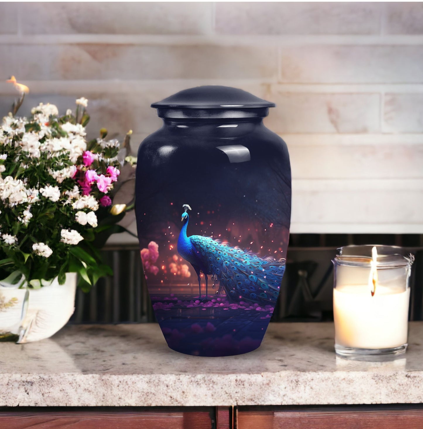 Elegant peacock-patterned urn designed for preserving the ashes of adult females and males