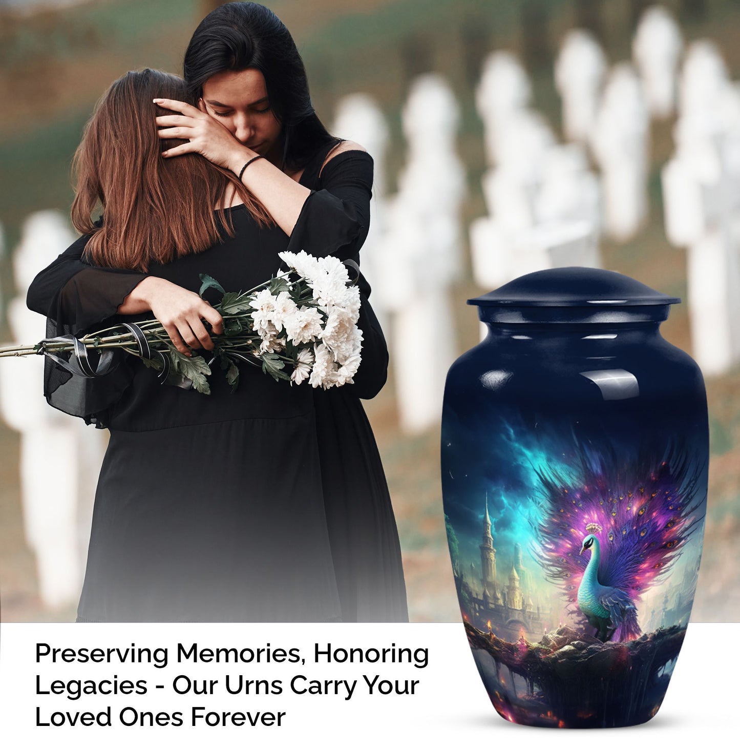 Elegant peacock urn for adult female ashes, perfect for cremation use