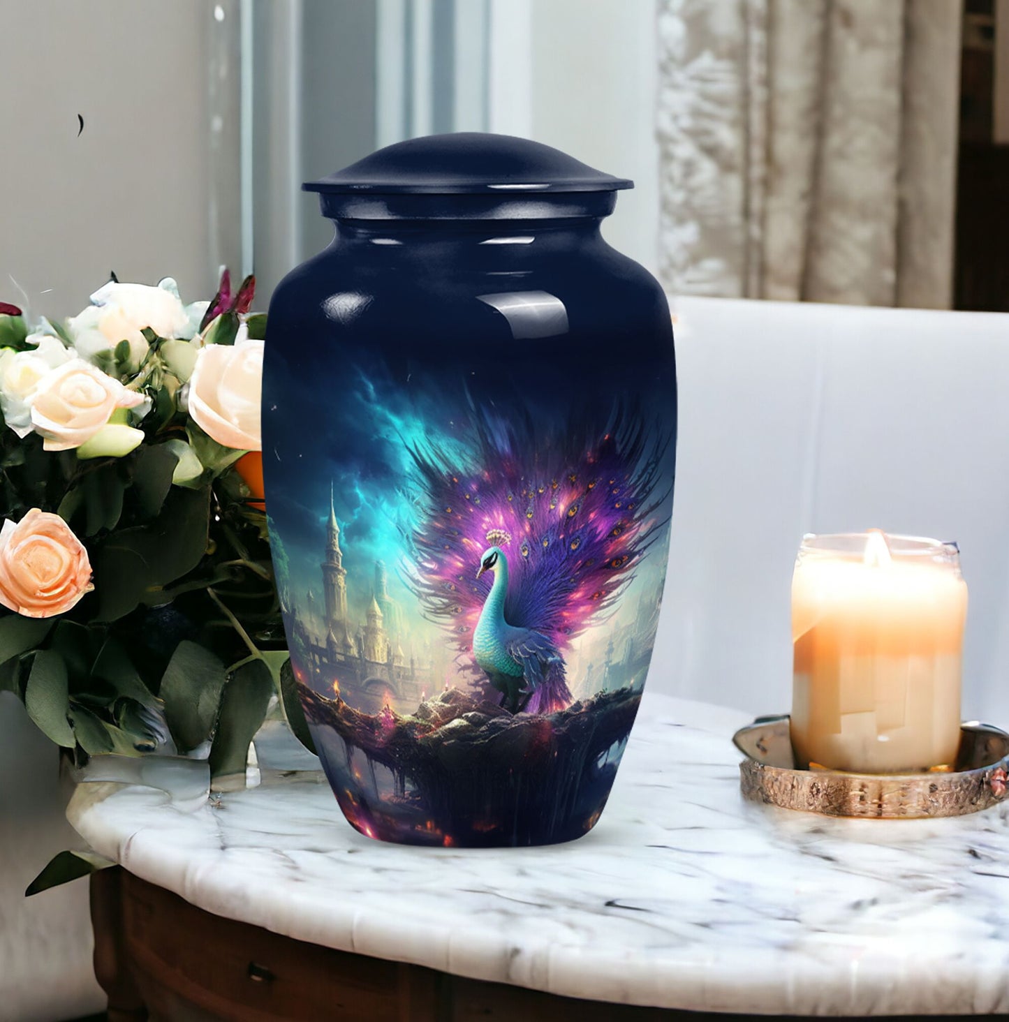 Elegant peacock urn for adult female ashes, perfect for cremation use