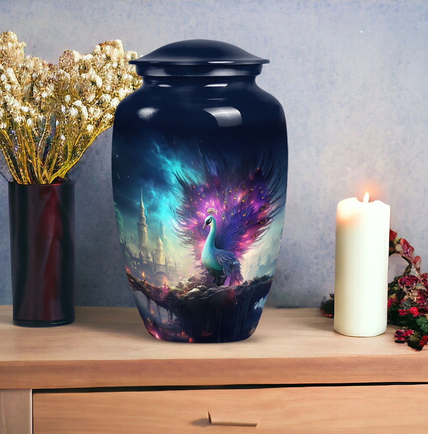 Elegant peacock urn for adult female ashes, perfect for cremation use
