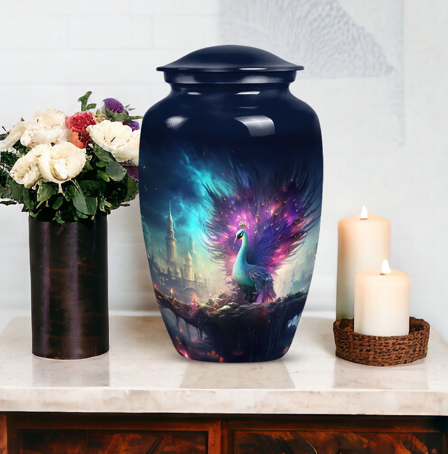Elegant peacock urn for adult female ashes, perfect for cremation use