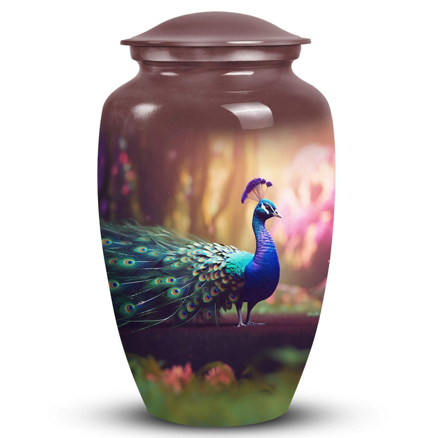 Elegant peacock-themed urn for holding adult human ashes, suitable for both man and woman, ideal for cremains containment and burial purposes