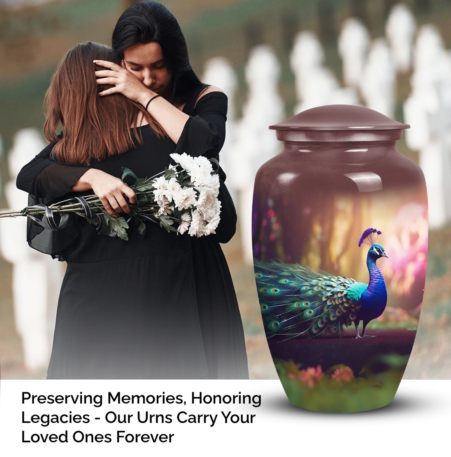 Elegant peacock-themed urn for holding adult human ashes, suitable for both man and woman, ideal for cremains containment and burial purposes