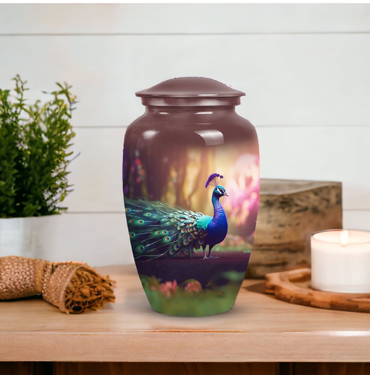 Elegant peacock-themed urn for holding adult human ashes, suitable for both man and woman, ideal for cremains containment and burial purposes