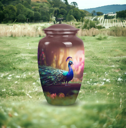 Elegant peacock-themed urn for holding adult human ashes, suitable for both man and woman, ideal for cremains containment and burial purposes