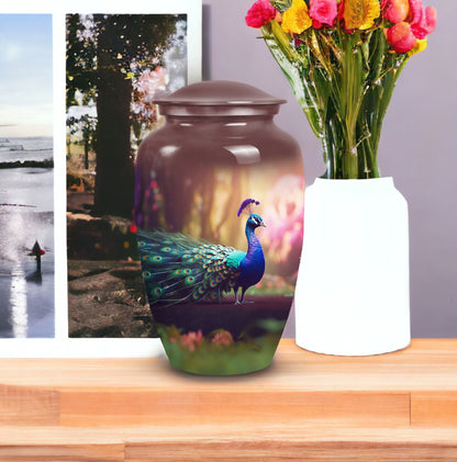 Elegant peacock-themed urn for holding adult human ashes, suitable for both man and woman, ideal for cremains containment and burial purposes
