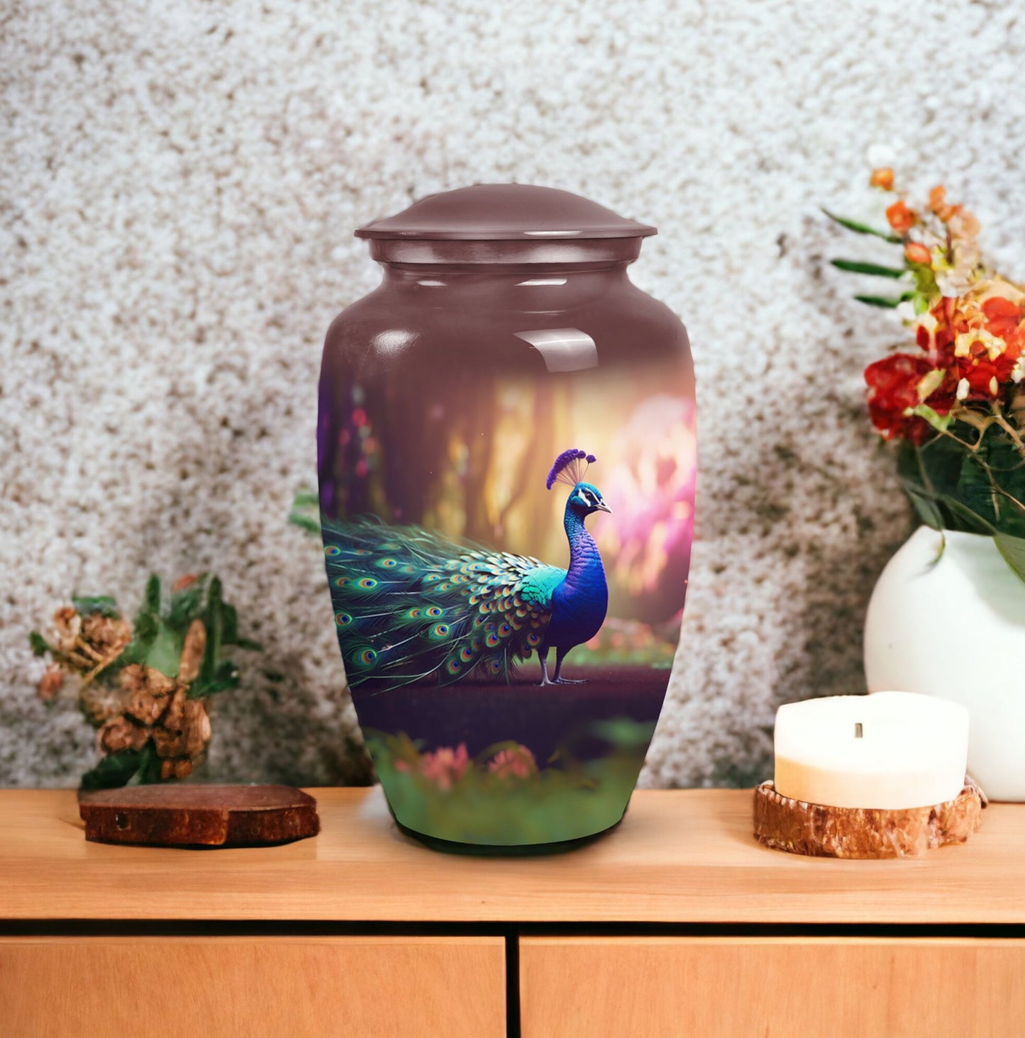 Elegant peacock-themed urn for holding adult human ashes, suitable for both man and woman, ideal for cremains containment and burial purposes