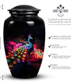 Elegant Peacock Cremation Urn as a vibrant element of funeral decorations, ideal for adult human ashes preservation and burial