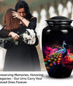 Elegant Peacock Cremation Urn as a vibrant element of funeral decorations, ideal for adult human ashes preservation and burial