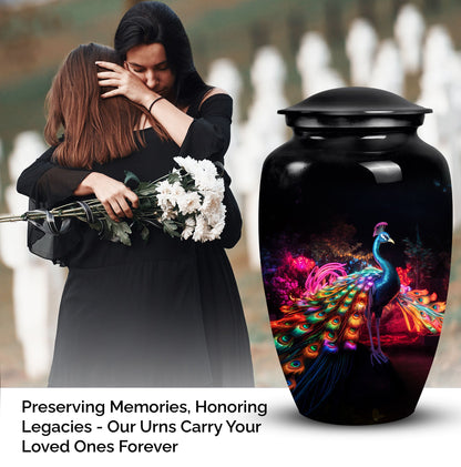 Elegant Peacock Cremation Urn as a vibrant element of funeral decorations, ideal for adult human ashes preservation and burial