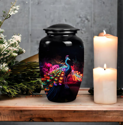 Elegant Peacock Cremation Urn as a vibrant element of funeral decorations, ideal for adult human ashes preservation and burial