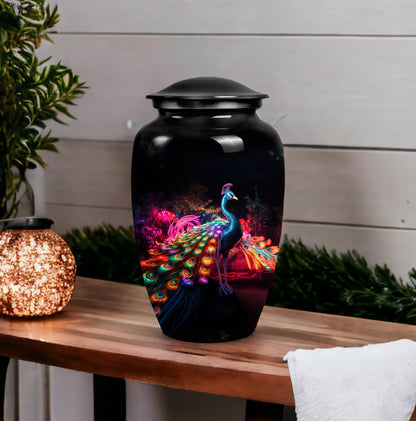 Elegant Peacock Cremation Urn as a vibrant element of funeral decorations, ideal for adult human ashes preservation and burial