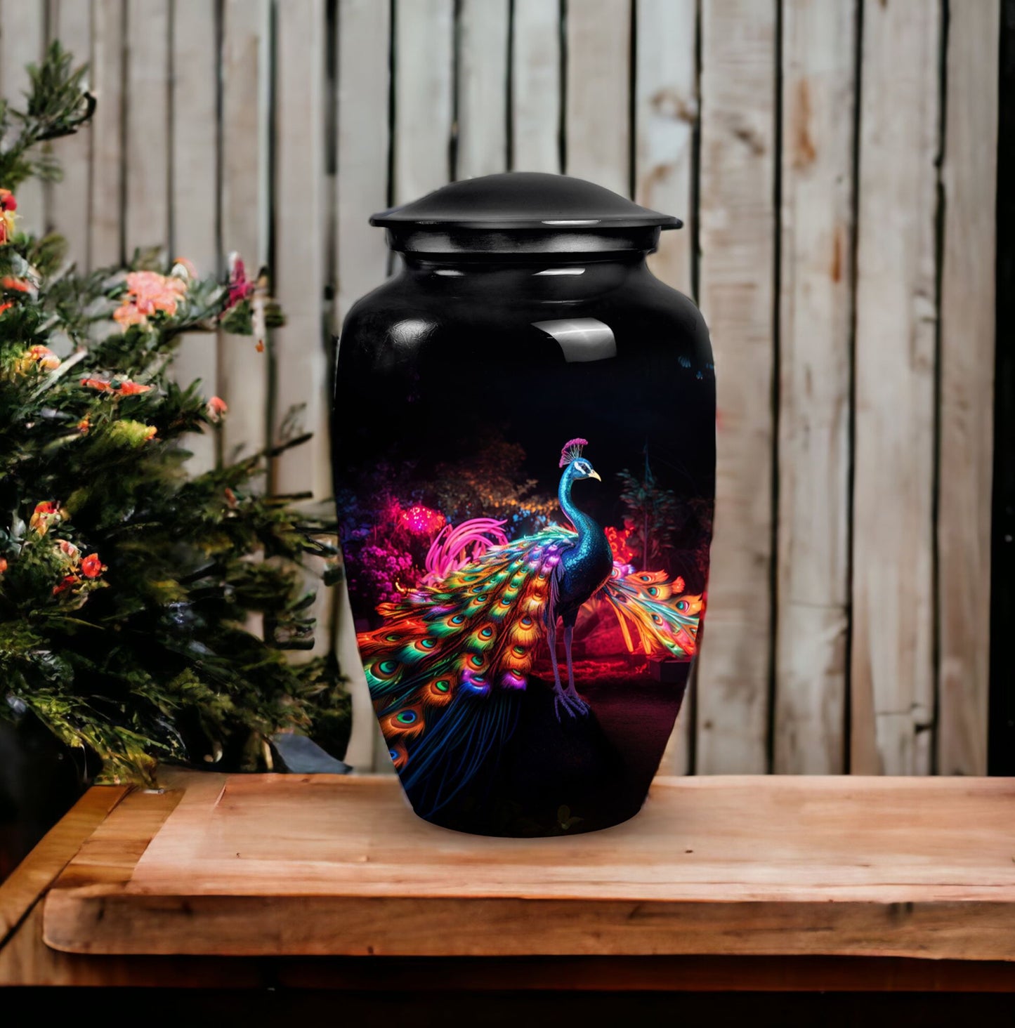 Elegant Peacock Cremation Urn as a vibrant element of funeral decorations, ideal for adult human ashes preservation and burial